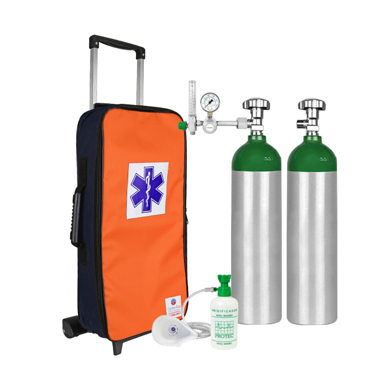 Kit-Oxigenio-3L-2-Cilindros-Bolsa-com-Rodinhas-Laranja-e-Azul