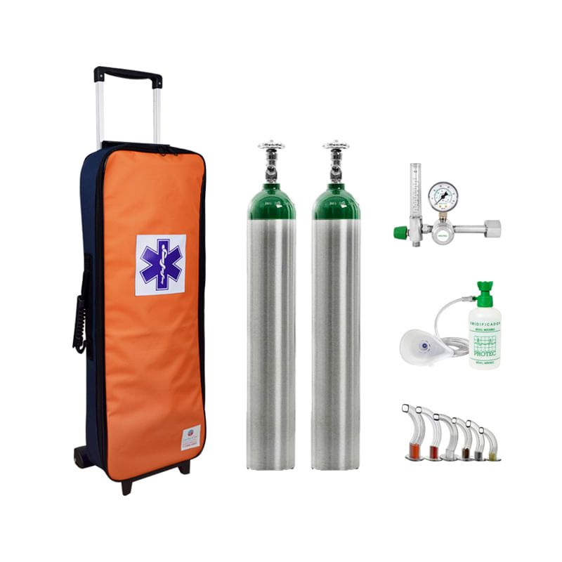 Kit-Oxigenio-5L-2-Cilindros-Bolsa-com-Rodinhas-Laranja-e-Azul